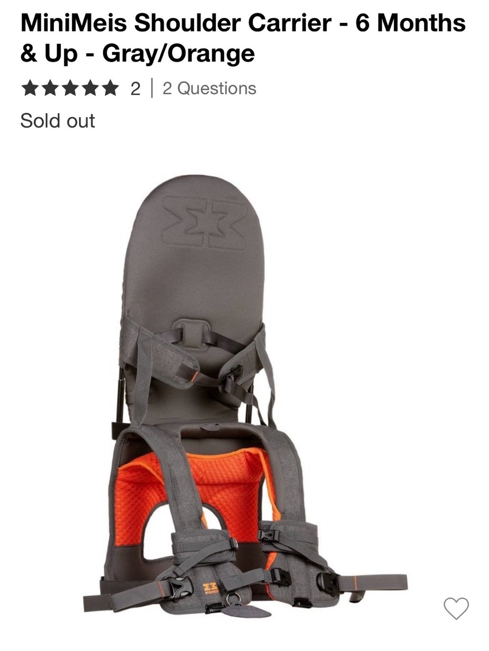 MiniMeis- Kids Shoulder Carrier - Gray/Orange- never used